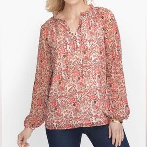 TALBOTS Floral Shirred Tie Neck Crinkle Flowy Boho Blouse Large Multicolor‎